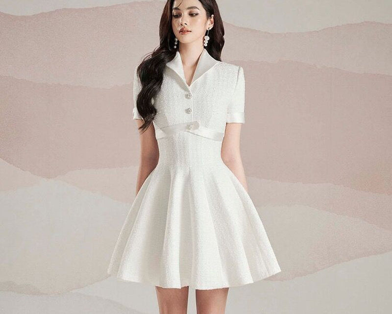 Elegant Lapel A- Style Hemline Niche White Short Sleeve
