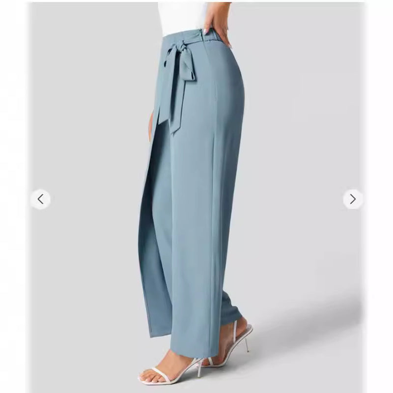 Women'S High Waist Tie Side Invisible Zipper Wide Leg Pants